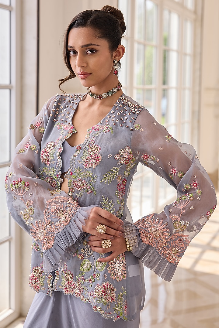 Powder Blue Pure Organza & Crepe Hand Embroidered Jacket Set by RINESSA at Pernia's Pop Up Shop