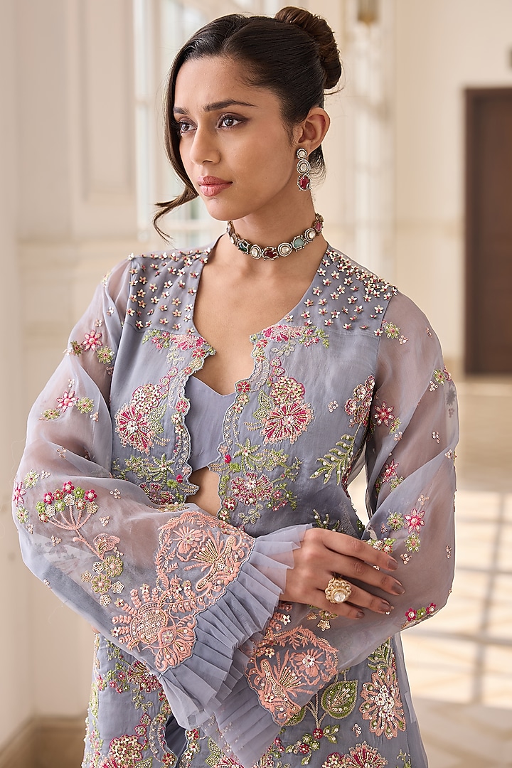 Powder Blue Pure Organza & Crepe Hand Embroidered Jacket Set by RINESSA at Pernia's Pop Up Shop
