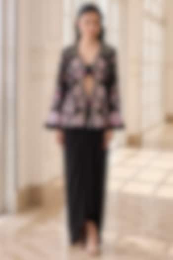 Black Organza & Crepe Hand Embroidered Jacket Set by RINESSA at Pernia's Pop Up Shop