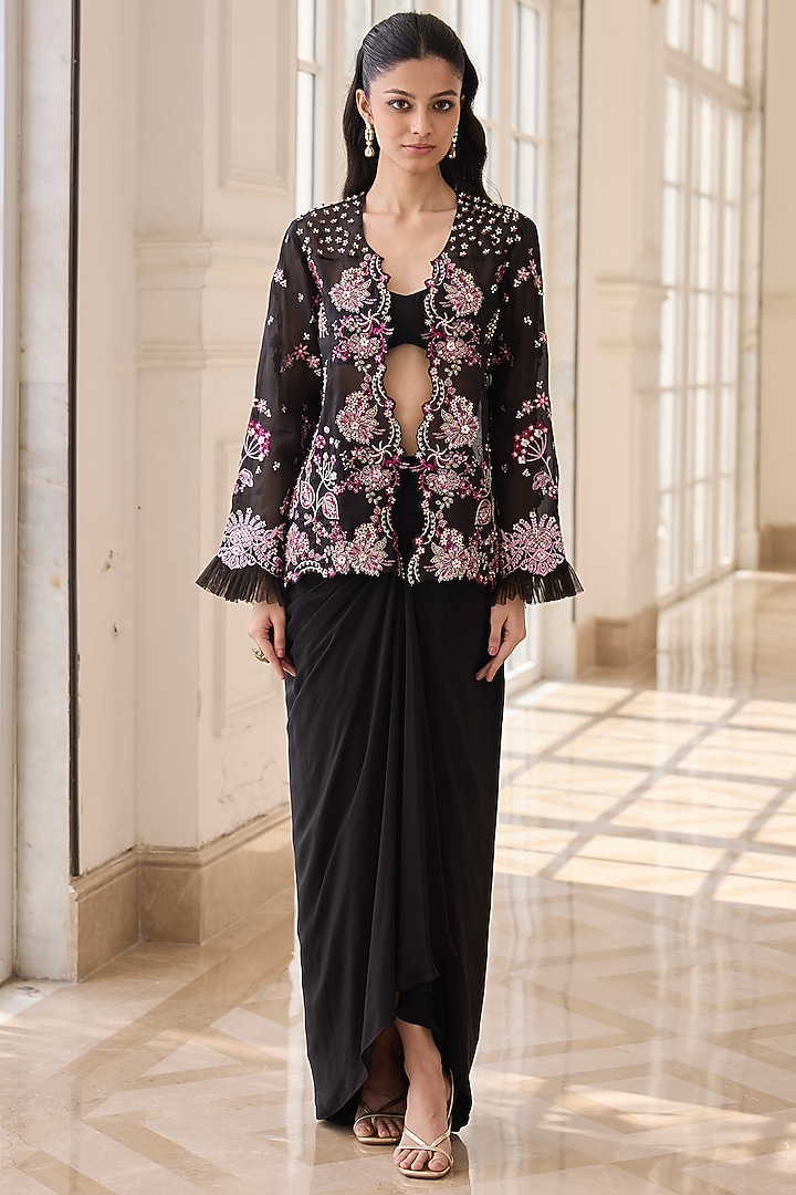 Black Organza & Crepe Hand Embroidered Jacket Set by RINESSA at Pernia's Pop Up Shop