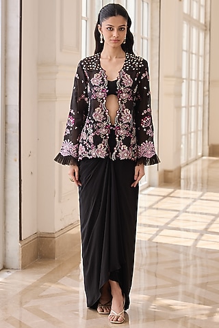 Black Organza & Crepe Hand Embroidered Jacket Set by RINESSA