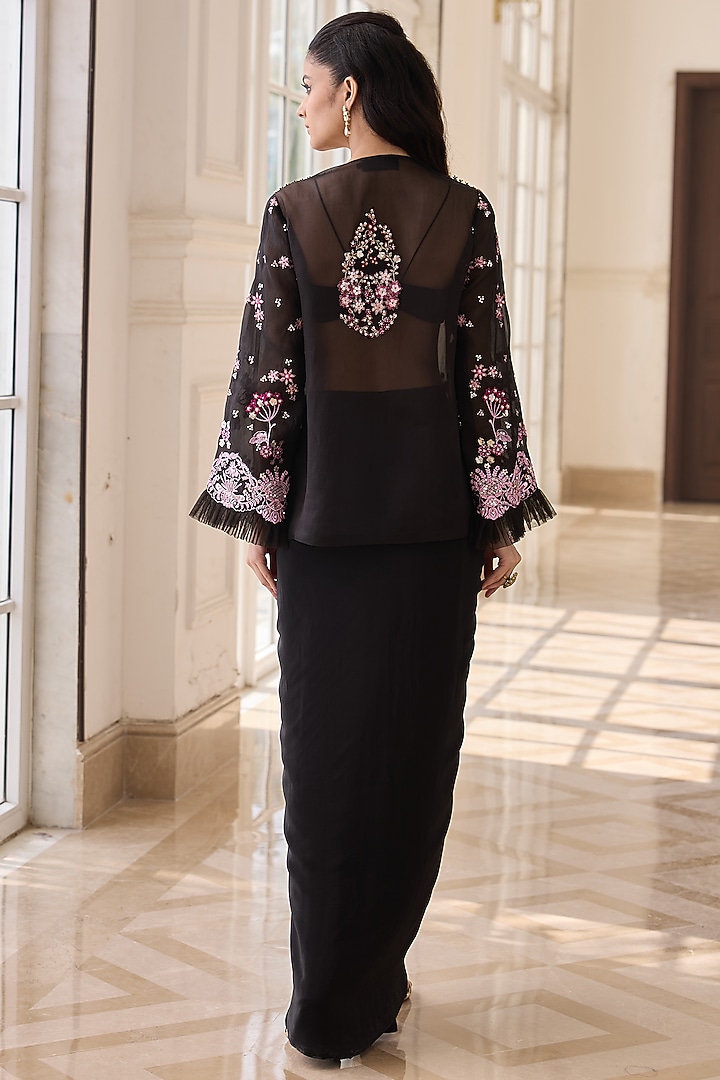 Black Organza & Crepe Hand Embroidered Jacket Set by RINESSA at Pernia's Pop Up Shop
