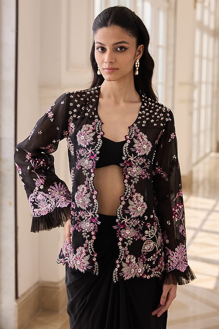 Black Organza & Crepe Hand Embroidered Jacket Set by RINESSA at Pernia's Pop Up Shop