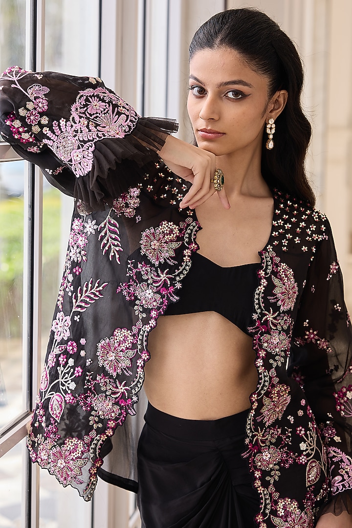 Black Organza & Crepe Hand Embroidered Jacket Set by RINESSA at Pernia's Pop Up Shop