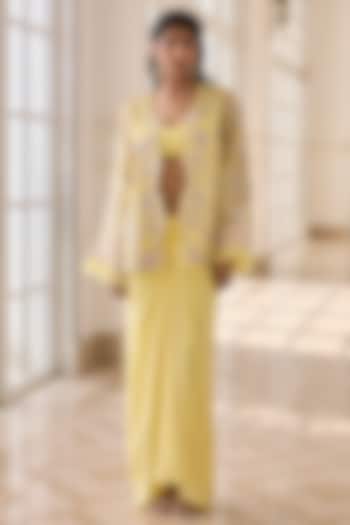Yellow Organza & Crepe Hand Embroidered Jacket Set by RINESSA at Pernia's Pop Up Shop