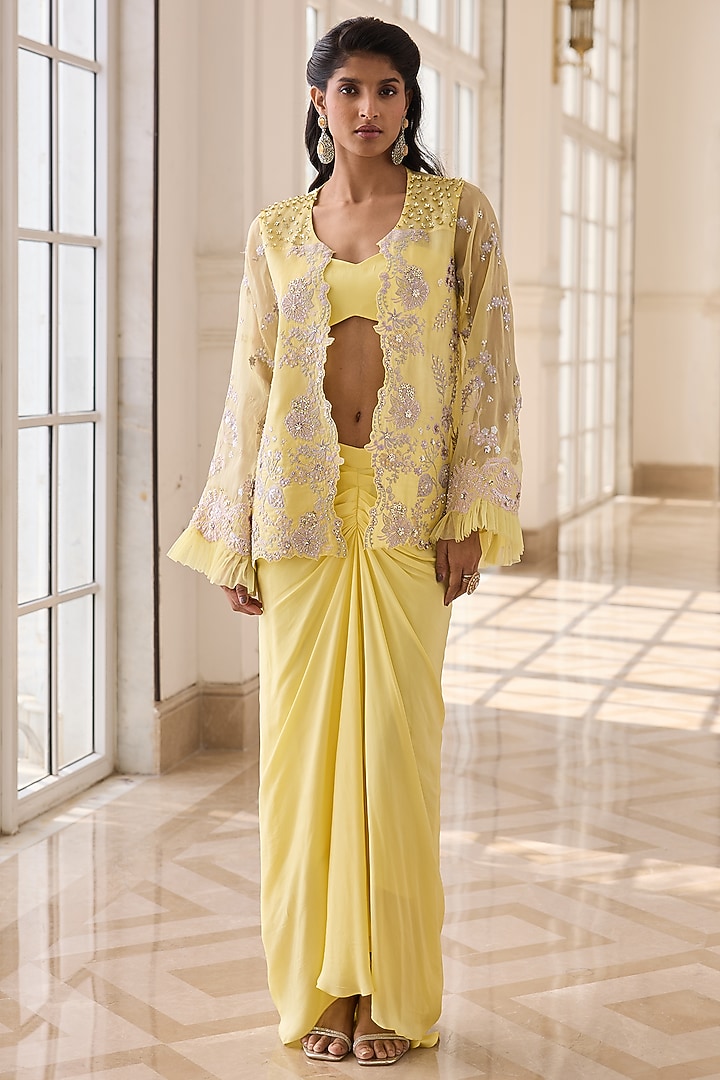 Yellow Organza & Crepe Hand Embroidered Jacket Set by RINESSA at Pernia's Pop Up Shop
