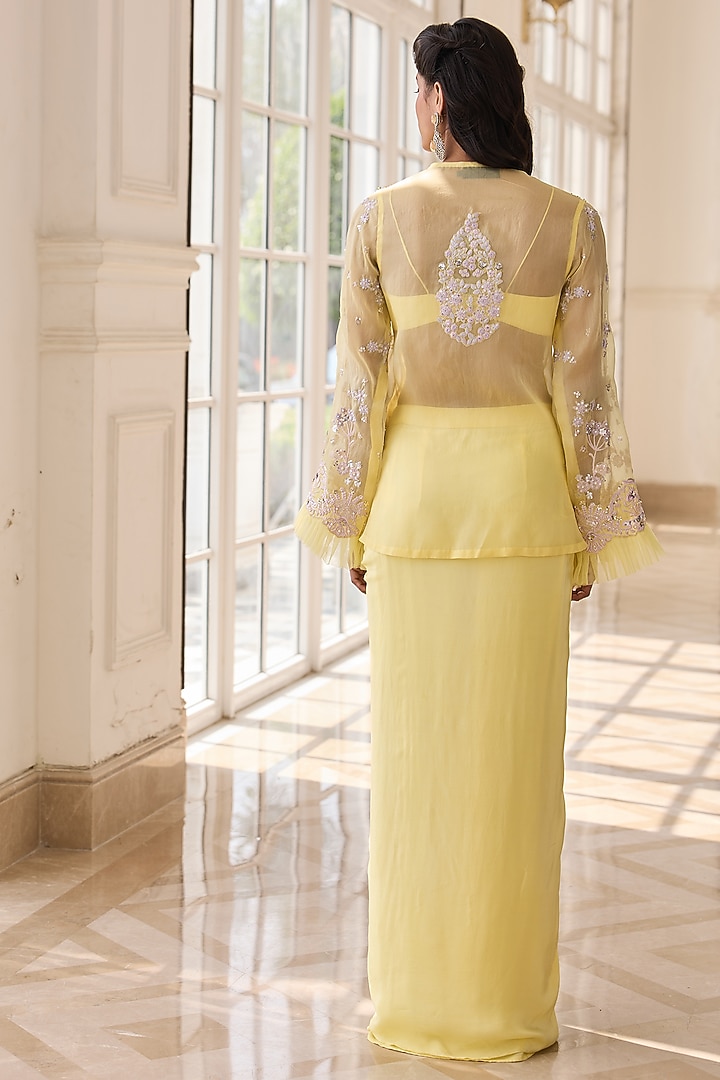 Yellow Organza & Crepe Hand Embroidered Jacket Set by RINESSA at Pernia's Pop Up Shop