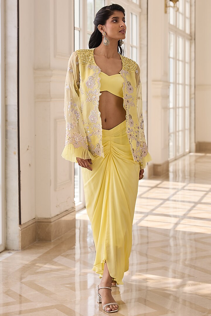 Yellow Organza & Crepe Hand Embroidered Jacket Set by RINESSA at Pernia's Pop Up Shop