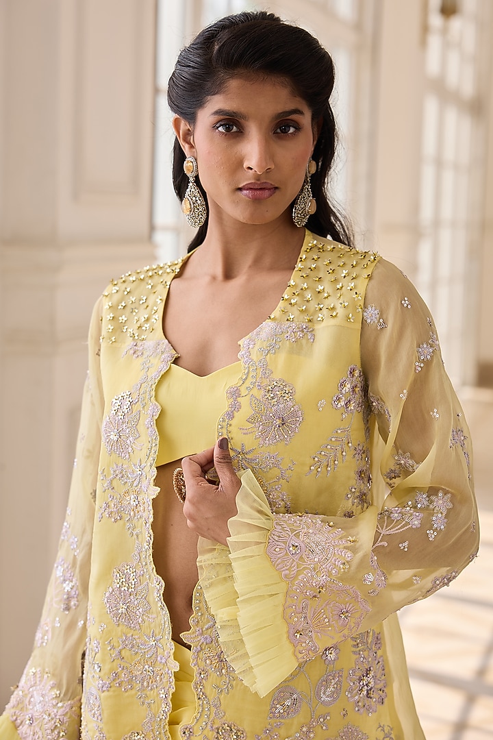 Yellow Organza & Crepe Hand Embroidered Jacket Set by RINESSA at Pernia's Pop Up Shop
