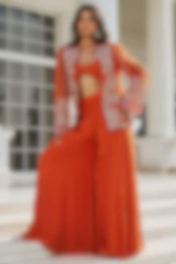 Autumn Orange Organza & Crepe Hand Embellished Jacket Set by RINESSA at Pernia's Pop Up Shop