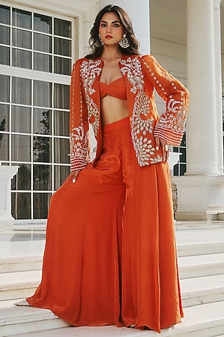 Autumn Orange Organza & Crepe Hand Embellished Jacket Set by RINESSA
