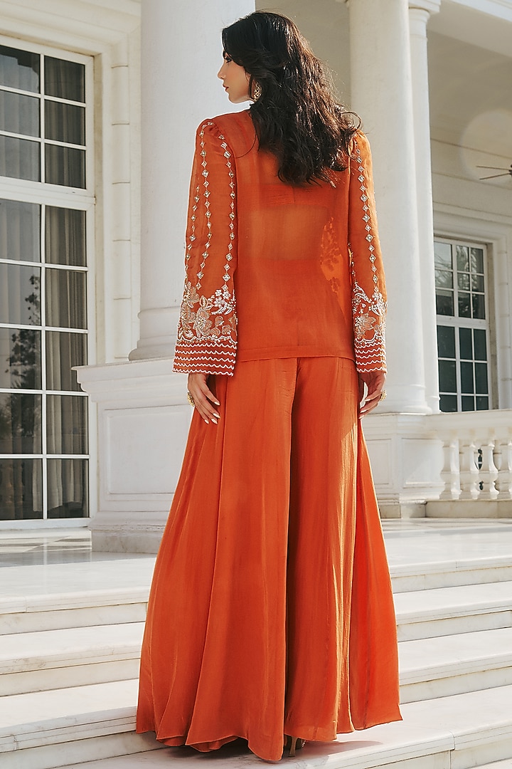 Autumn Orange Organza & Crepe Hand Embellished Jacket Set by RINESSA at Pernia's Pop Up Shop