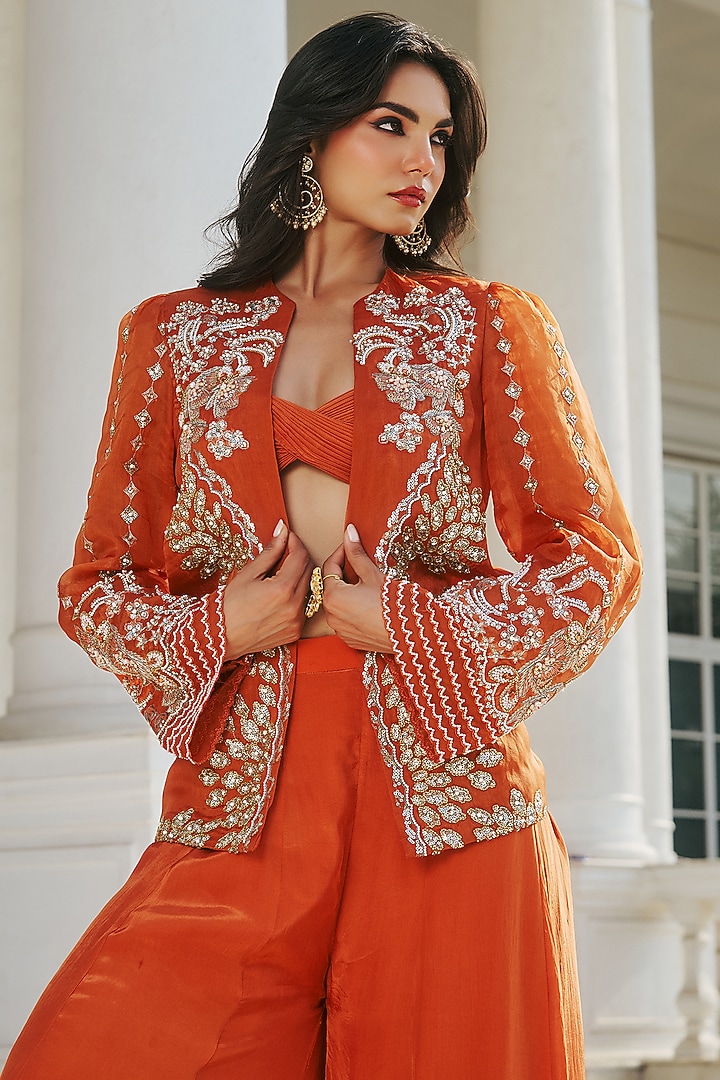 Autumn Orange Organza & Crepe Hand Embellished Jacket Set by RINESSA at Pernia's Pop Up Shop