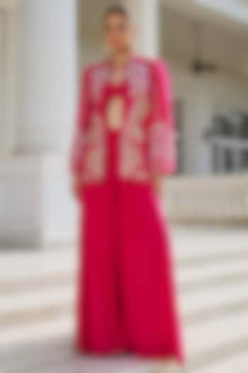Fuchsia Pink Organza & Crepe Hand Embellished Jacket Set by RINESSA at Pernia's Pop Up Shop