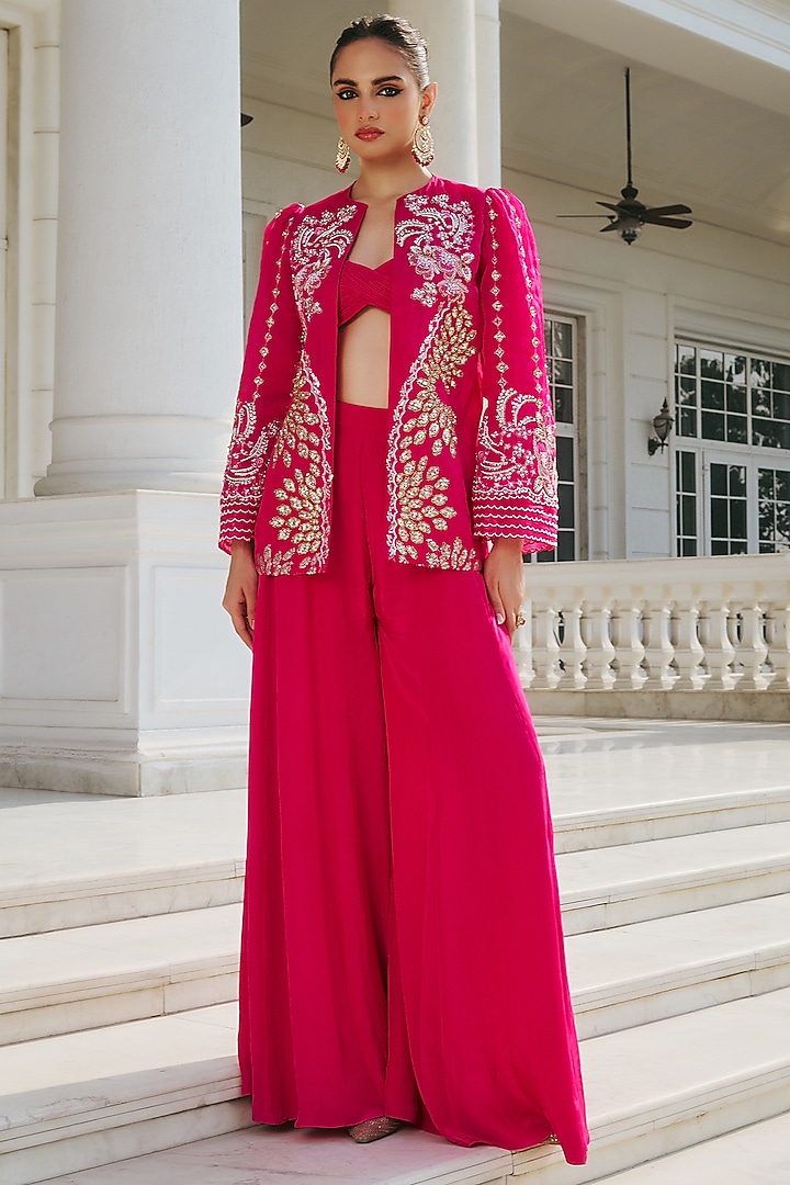 Fuchsia Pink Organza & Crepe Hand Embellished Jacket Set by RINESSA at Pernia's Pop Up Shop