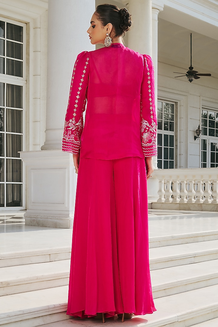 Fuchsia Pink Organza & Crepe Hand Embellished Jacket Set by RINESSA at Pernia's Pop Up Shop