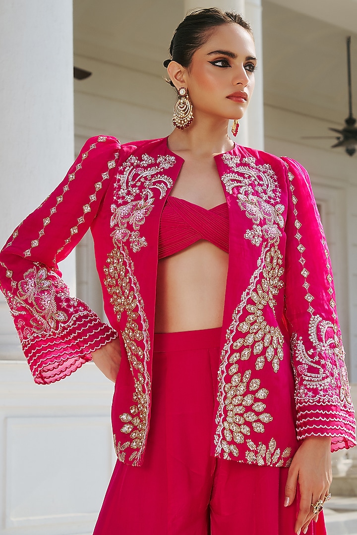 Fuchsia Pink Organza & Crepe Hand Embellished Jacket Set by RINESSA at Pernia's Pop Up Shop