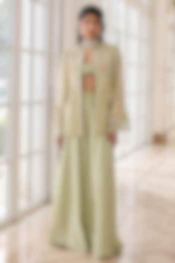 Misty Green Organza & Crepe Hand Embellished Jacket Set by RINESSA at Pernia's Pop Up Shop