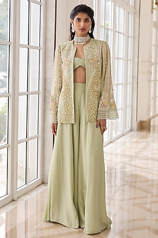 Misty Green Organza & Crepe Hand Embellished Jacket Set by RINESSA