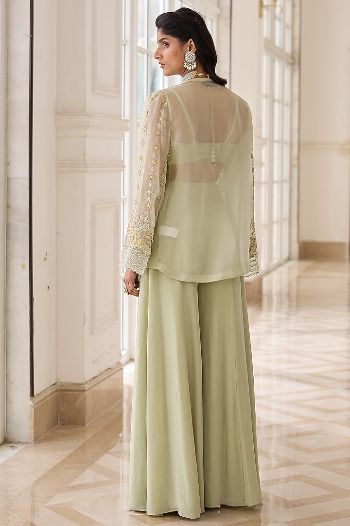 Misty Green Organza & Crepe Hand Embellished Jacket Set by RINESSA at Pernia's Pop Up Shop