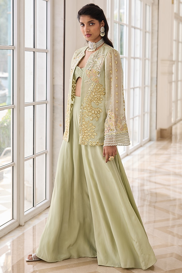 Misty Green Organza & Crepe Hand Embellished Jacket Set by RINESSA at Pernia's Pop Up Shop