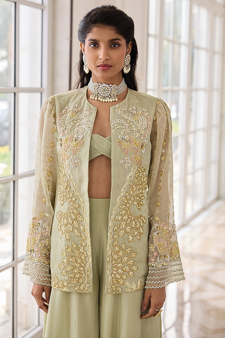 Misty Green Organza & Crepe Hand Embellished Jacket Set by RINESSA at Pernia's Pop Up Shop