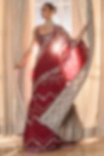 Red Wine Dupion Silk & Organza Hand Embellished Wedding Lehenga Set by RINESSA at Pernia's Pop Up Shop