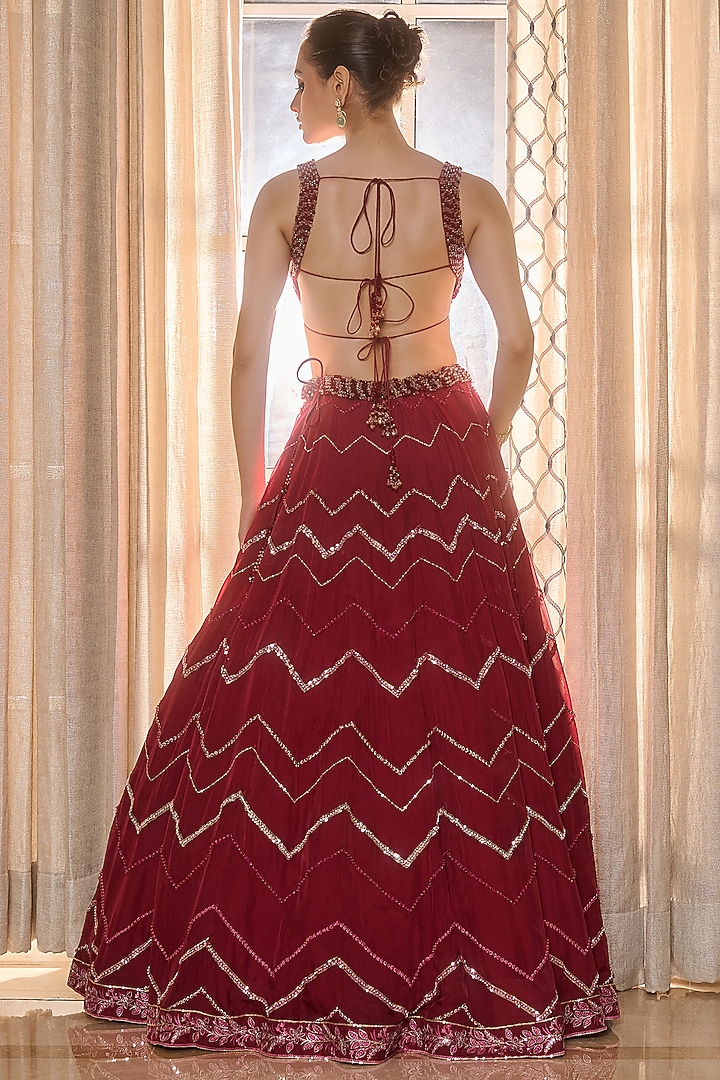 Red Wine Dupion Silk & Organza Hand Embellished Wedding Lehenga Set by RINESSA at Pernia's Pop Up Shop