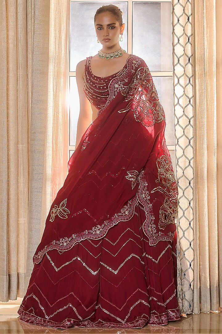 Red Wine Dupion Silk & Organza Hand Embellished Wedding Lehenga Set by RINESSA at Pernia's Pop Up Shop