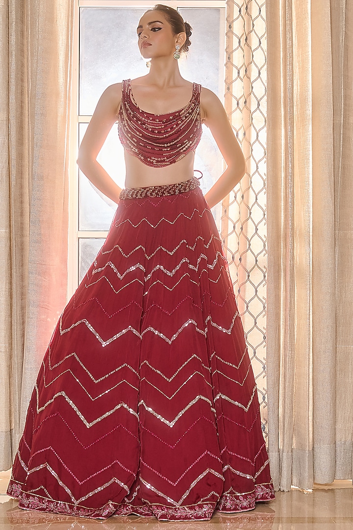 Red Wine Dupion Silk & Organza Hand Embellished Wedding Lehenga Set by RINESSA at Pernia's Pop Up Shop
