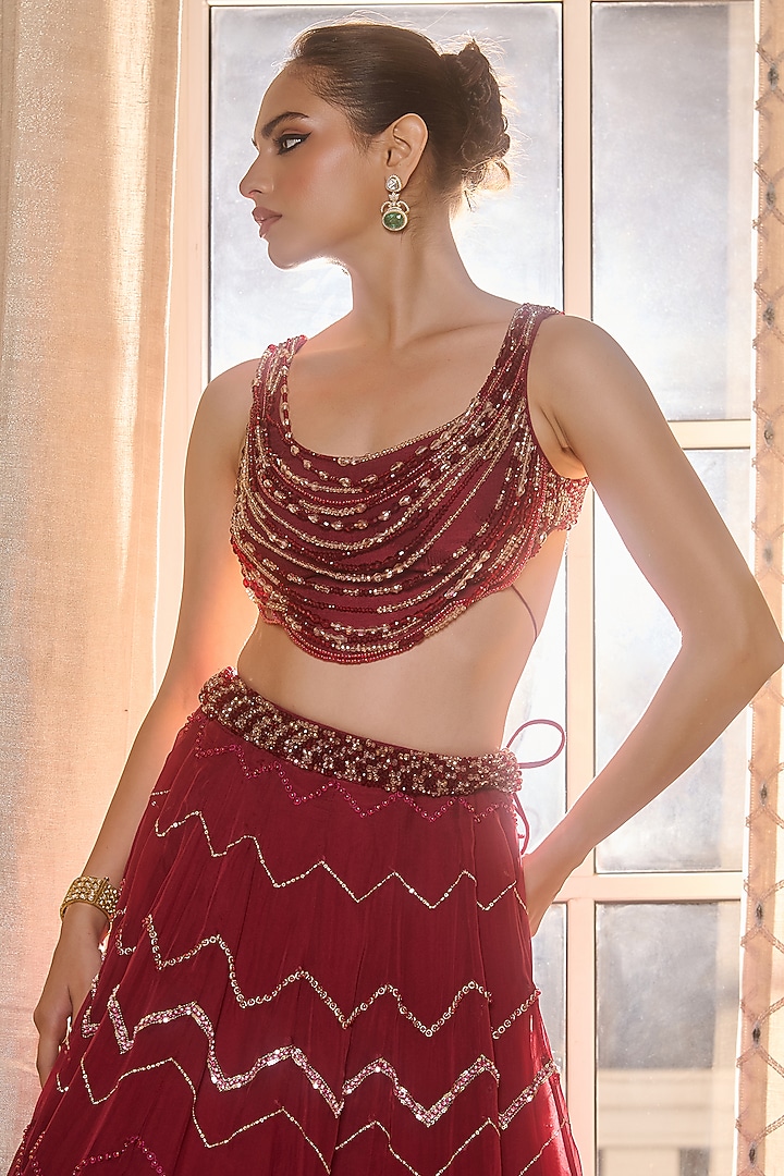 Red Wine Dupion Silk & Organza Hand Embellished Wedding Lehenga Set by RINESSA at Pernia's Pop Up Shop
