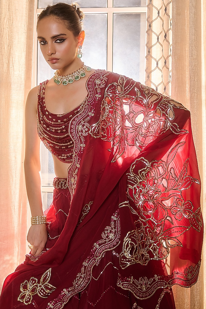 Red Wine Dupion Silk & Organza Hand Embellished Wedding Lehenga Set by RINESSA at Pernia's Pop Up Shop