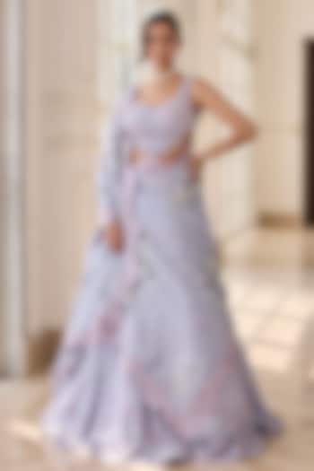 Powder Blue Dupion Silk & Organza Hand Embellished Wedding Lehenga Set by RINESSA at Pernia's Pop Up Shop