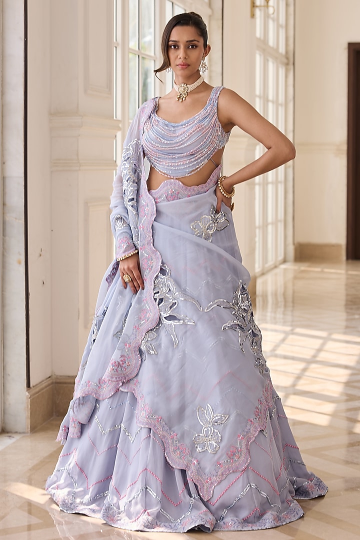 Powder Blue Dupion Silk & Organza Hand Embellished Wedding Lehenga Set by RINESSA at Pernia's Pop Up Shop