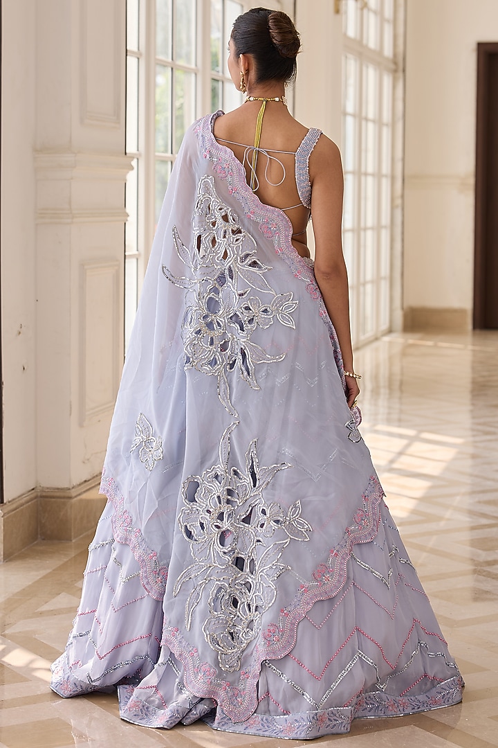 Powder Blue Dupion Silk & Organza Hand Embellished Wedding Lehenga Set by RINESSA at Pernia's Pop Up Shop
