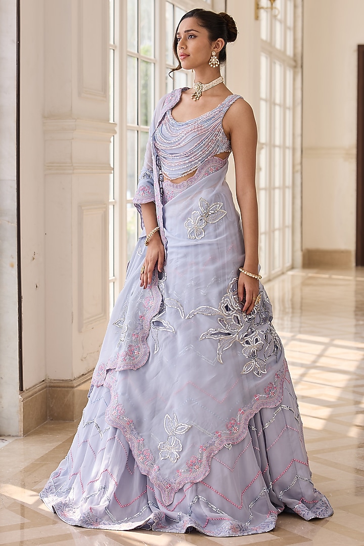Powder Blue Dupion Silk & Organza Hand Embellished Wedding Lehenga Set by RINESSA at Pernia's Pop Up Shop