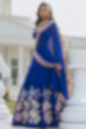 Deep Blue Dupion Silk & Organza Hand Embellished Wedding Lehenga Set by RINESSA at Pernia's Pop Up Shop