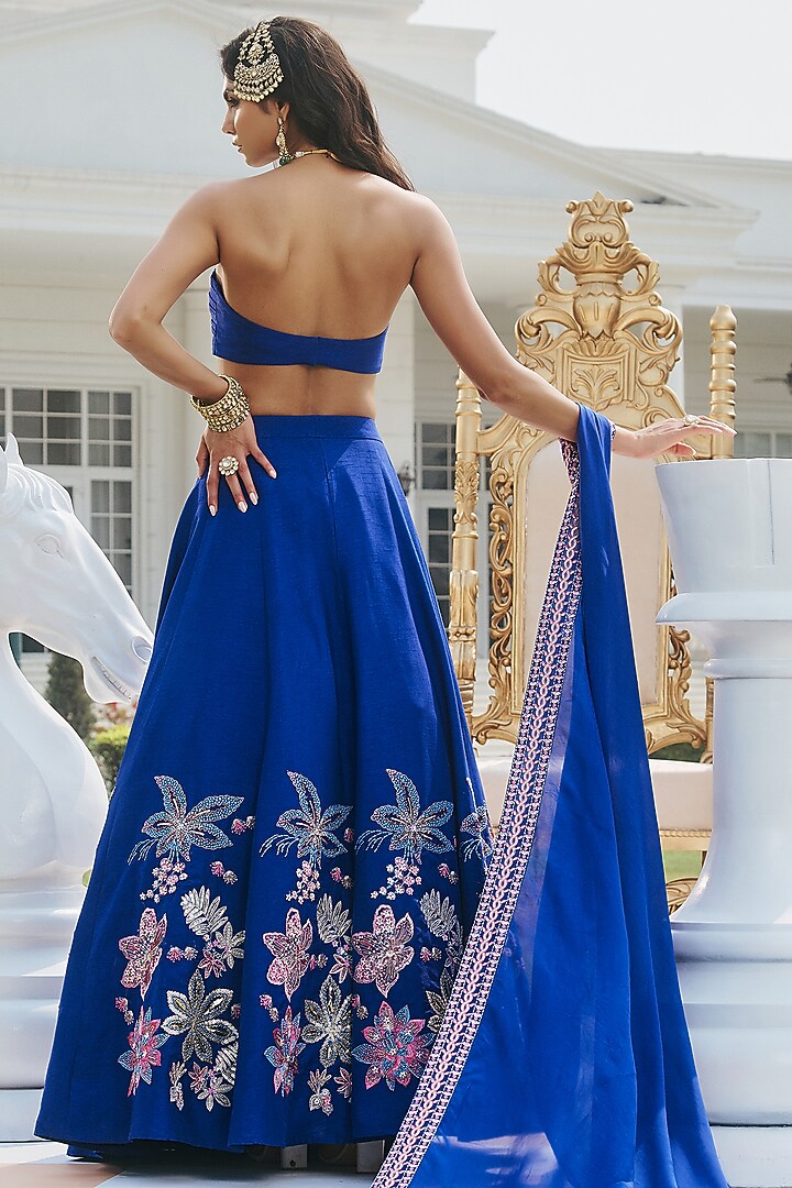 Deep Blue Dupion Silk & Organza Hand Embellished Wedding Lehenga Set by RINESSA at Pernia's Pop Up Shop