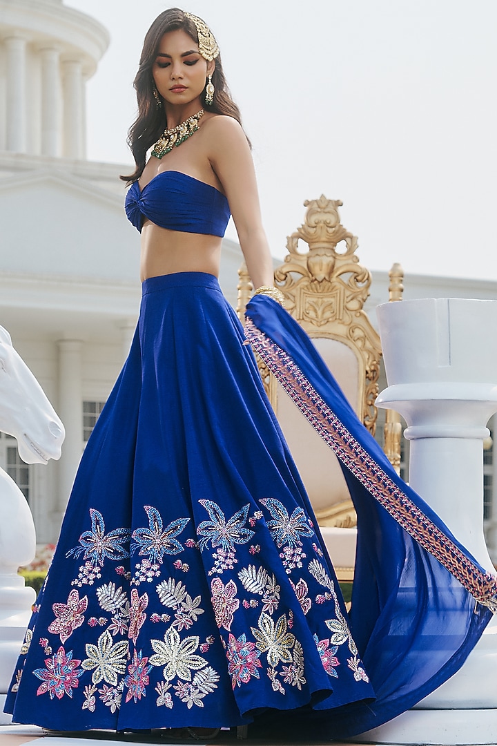 Deep Blue Dupion Silk & Organza Hand Embellished Wedding Lehenga Set by RINESSA at Pernia's Pop Up Shop