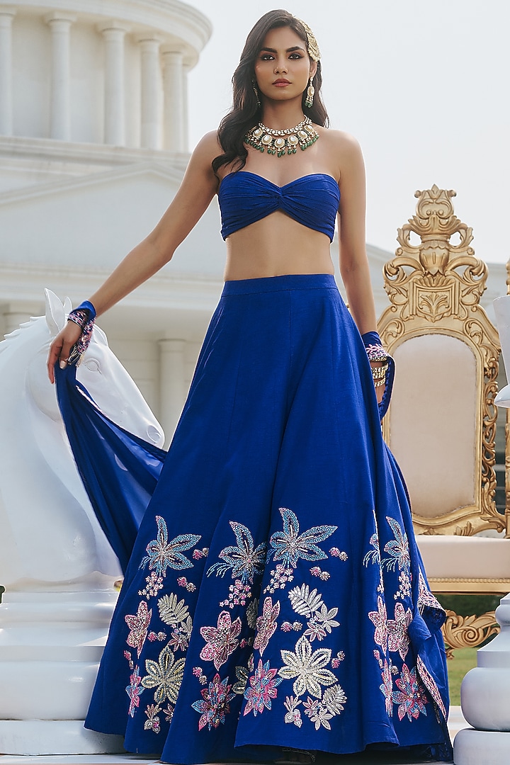 Deep Blue Dupion Silk & Organza Hand Embellished Wedding Lehenga Set by RINESSA at Pernia's Pop Up Shop