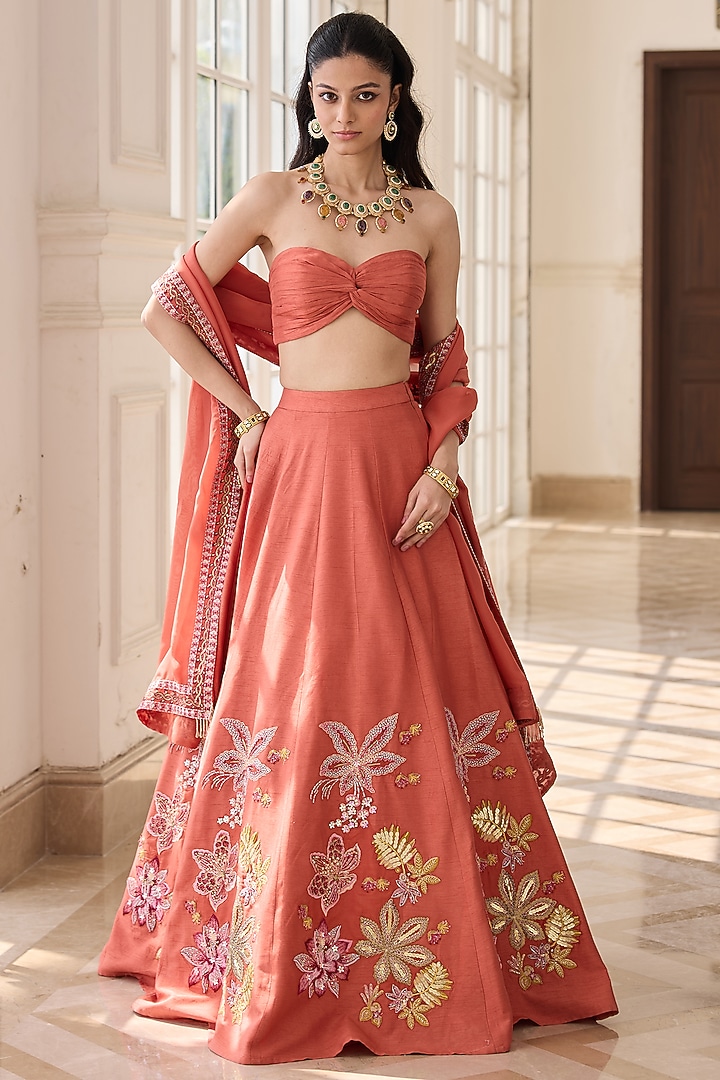 Soft Orange Dupion Silk & Organza Hand Embellished Wedding Lehenga Set by RINESSA at Pernia's Pop Up Shop