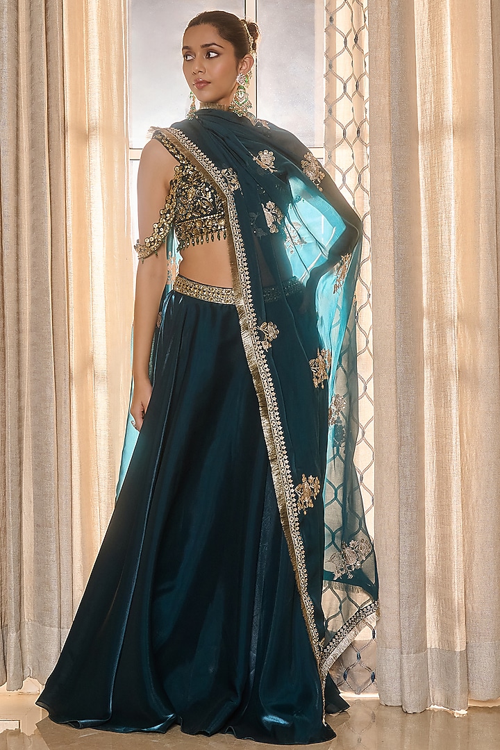 Emerald Green Glass Organza & Shantoon Hand Embroidered Wedding Lehenga Set by RINESSA at Pernia's Pop Up Shop