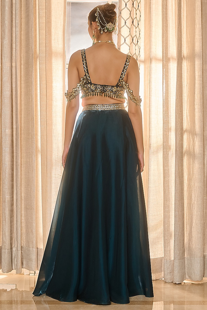 Emerald Green Glass Organza & Shantoon Hand Embroidered Wedding Lehenga Set by RINESSA at Pernia's Pop Up Shop