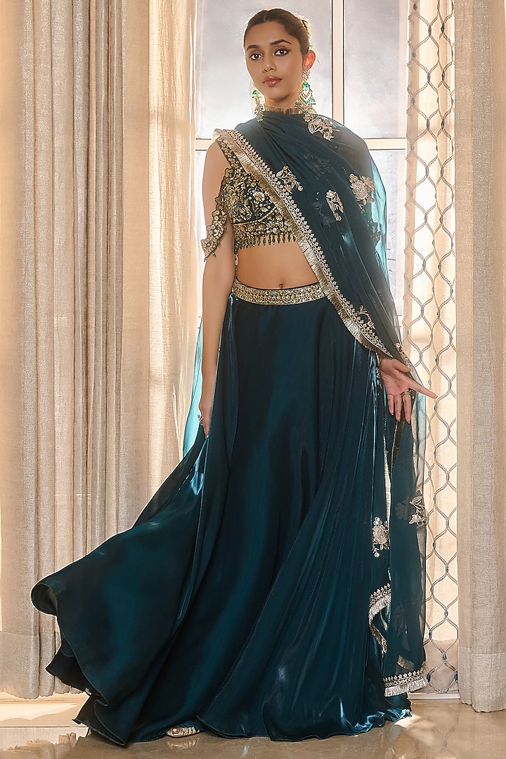 Emerald Green Glass Organza & Shantoon Hand Embroidered Wedding Lehenga Set by RINESSA at Pernia's Pop Up Shop