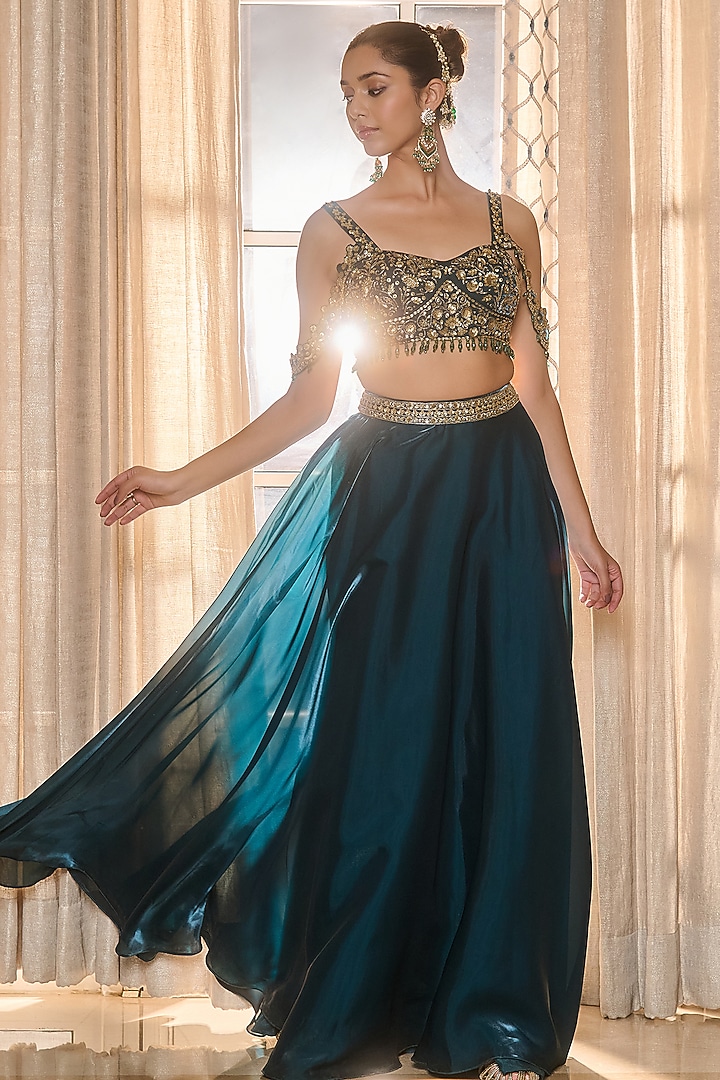 Emerald Green Glass Organza & Shantoon Hand Embroidered Wedding Lehenga Set by RINESSA at Pernia's Pop Up Shop