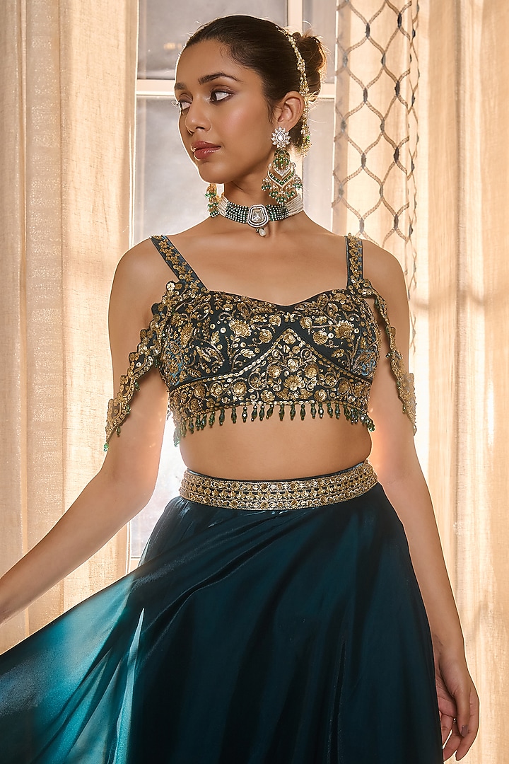 Emerald Green Glass Organza & Shantoon Hand Embroidered Wedding Lehenga Set by RINESSA at Pernia's Pop Up Shop