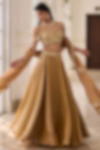 Gold Glass Organza & Shantoon Hand Embroidered Wedding Lehenga Set by RINESSA at Pernia's Pop Up Shop