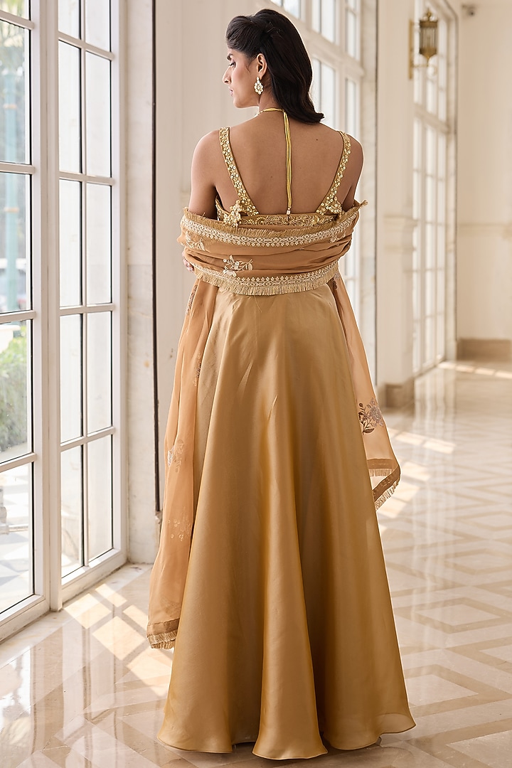 Gold Glass Organza & Shantoon Hand Embroidered Wedding Lehenga Set by RINESSA at Pernia's Pop Up Shop