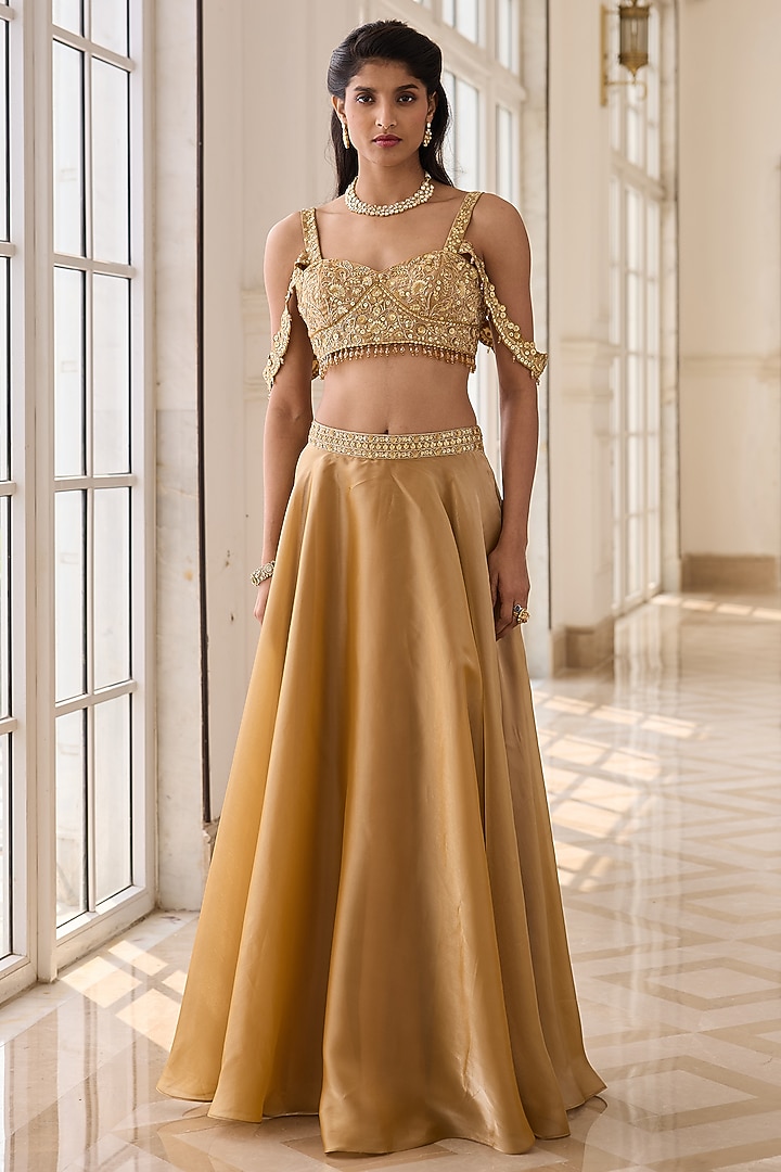 Gold Glass Organza & Shantoon Hand Embroidered Wedding Lehenga Set by RINESSA at Pernia's Pop Up Shop