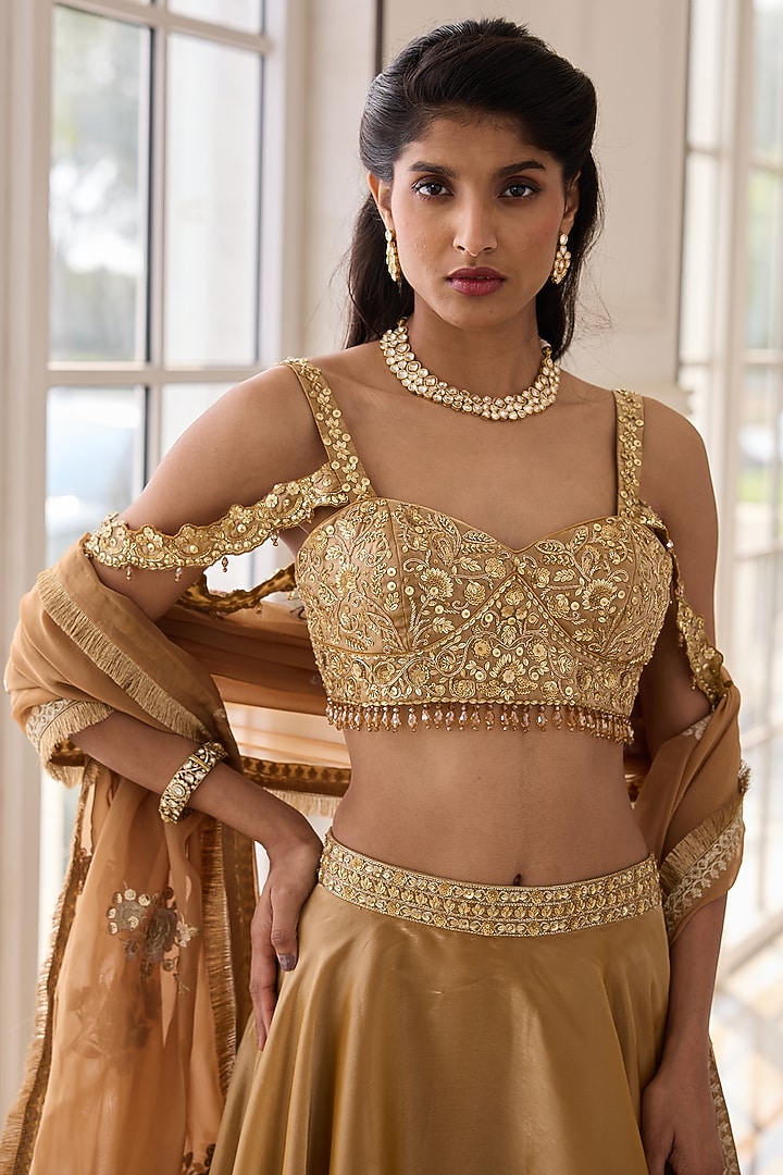 Gold Glass Organza & Shantoon Hand Embroidered Wedding Lehenga Set by RINESSA at Pernia's Pop Up Shop